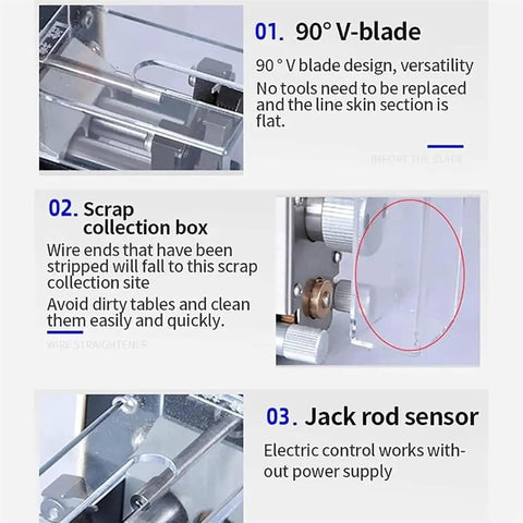 90° V-blade design and scrap collection box of Heavy Duty Digital Wire Stripper Twister Tool for Precision Electrical Wiring Projects.