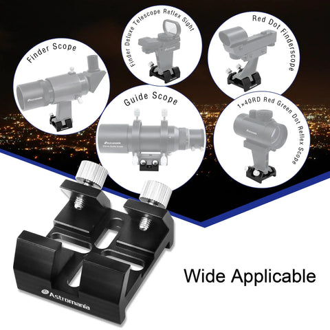 Universal Dovetail Base For Finder Scopes, Quick Release Aluminum Telescope Mount, with examples of attached devices.