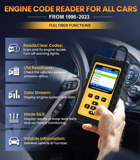 Jaguar Land Rover OBD2 Scanner OM501 Full System Diagnostic Tool held in hand near car dashboard showcasing features.