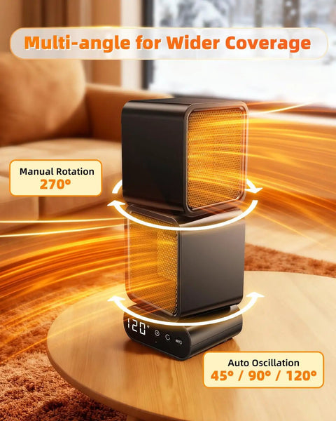 Portable Dual-Head Space Heater With Remote, 270 Degree Manual Rotation And Auto Oscillation At 45, 90, Or 120 Degrees, Energy Efficient Desktop Heater on table