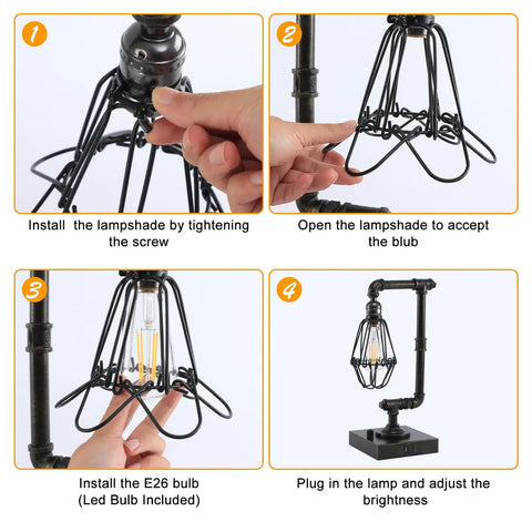 Assembly steps for Dope Steampunk Table Lamp With USB Ports, Industrial Desk Lamp In Bronze Metal Finish, showing lamp parts.