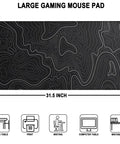 Extra Large Waterproof Gaming Mouse Pad With Stitched Edges 31.5 Inch By 15.7 Inch Non Slip Rubber Base Ultra Smooth Surface Big Office Gamer Desk Mat For Home Use XXL Black shown with dimensions and uses for dining, print, writing, computer and office desks.