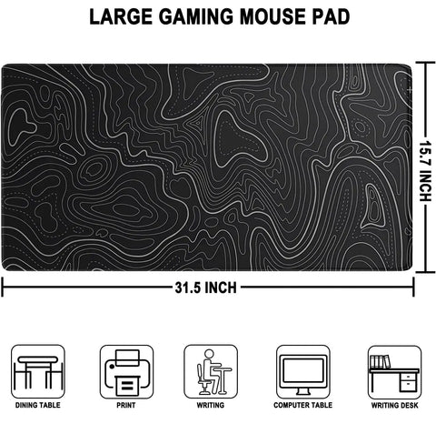 Extra Large Waterproof Gaming Mouse Pad With Stitched Edges 31.5 Inch By 15.7 Inch Non Slip Rubber Base Ultra Smooth Surface Big Office Gamer Desk Mat For Home Use XXL Black shown with dimensions and uses for dining, print, writing, computer and office desks.