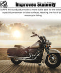 Motorcycle parked on wooden floor using Rugged Kickstand Plate Pad For Heavy Cruiser Motorcycles, Universal Floor Protector Keeps Your Ride Upright On Grass, Dirt, Gravel, And Hot Pavement, Prevents Sinking With A Big Non Slip Base.