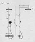 Wall Mounted Exposed Shower System 3 Functions Chrome technical drawing with dimensions, solid copper material, handheld sprayer design.