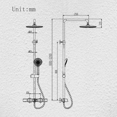 Wall Mounted Exposed Shower System 3 Functions Chrome technical drawing with dimensions, solid copper material, handheld sprayer design.