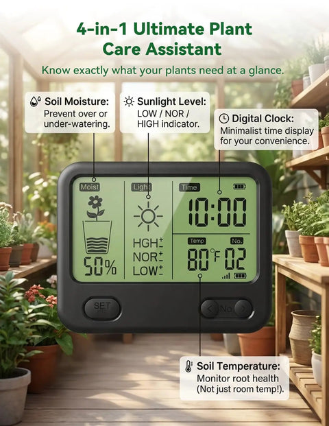 Wireless Soil Moisture Meter With LCD Receiver Pro Grade 3 Probe 3 In 1 Sensor For Moisture Temperature And Light Expandable To 12 Zones 230 Ft RF Range Waterproof Long Battery Life For Indoor Outdoor Plants And Gardens displaying on a table with surrounding plants in a greenhouse setting.