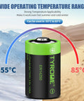 Top Shelf 3.6V Half AA LS 14250 ER14250 Lithium Batteries With Rated 1200 Mah showing wide operating temperature range -55°C to 85°C.