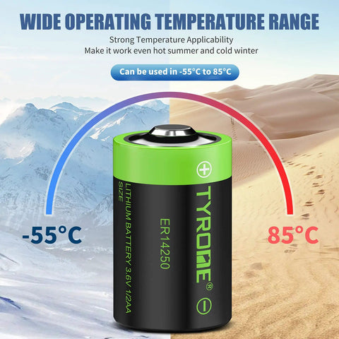 Top Shelf 3.6V Half AA LS 14250 ER14250 Lithium Batteries With Rated 1200 Mah showing wide operating temperature range -55°C to 85°C.