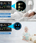 Wireless Outdoor Rain Gauge And Home Weather Station With Indoor Outdoor Display Thermometer Barometer Hygrometer Atomic Clock Forecast Alerts And A Self Emptying Rain Gauge For Accurate Rain Tracking shown next to sleeping woman and baby.