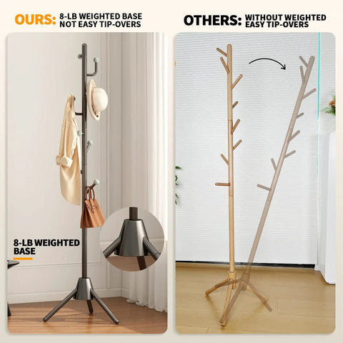 Heavy Duty Anti-Tip Coat Rack With 8 lb Stable Base And 80 lb Load Tested Metal Standing Tree Featuring Eight Hooks And 3 Height Adjustable Levels For Space-Saving Organization In Entryway Bedroom Or Office next to a non-stable wooden rack.