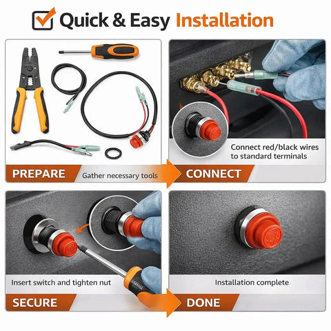 Installation guide for Keyless Push Button Start Stop Switch For Marine Boats And Outboard Engines, easy install steps shown