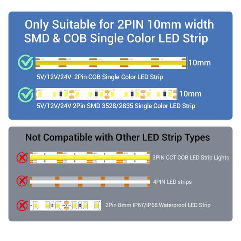 Top Shelf 10mm Cob Led Strip Connector Clips Two Pin Solderless Wire Adapter Terminal Extender For 5V 12V 24V Single Color Lights instructions on suitable and incompatible LED strips.
