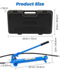 Heavy Duty 12 Ton Hydraulic Porta Power Pump With 4.6 Foot Hose And Steel Storage Case dimensions with pump, hose, and case sizes.