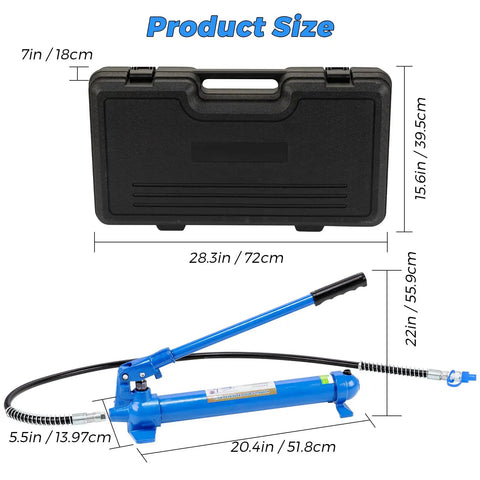 Heavy Duty 12 Ton Hydraulic Porta Power Pump With 4.6 Foot Hose And Steel Storage Case dimensions with pump, hose, and case sizes.