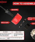 ANGELSWORD hole saw kit (front view): red saw with mandrel, installation plate and nut; for drywall and wood.
