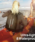 Woman kayaking wearing Floating Waterproof Dry Bag Backpack 20L with Waist Pouch and Phone Case on the water.