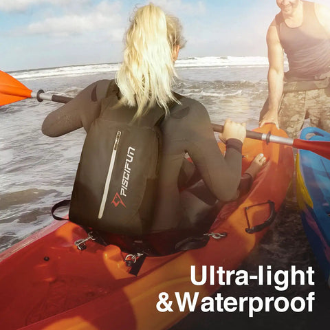 Woman kayaking wearing Floating Waterproof Dry Bag Backpack 20L with Waist Pouch and Phone Case on the water.