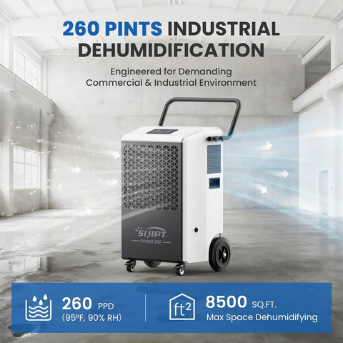 Commercial Dehumidifier With Pump For Large Basements, Commercial Spaces, And Industrial Areas, 260 Pint Capacity, in industrial setting