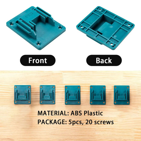 Heavy Duty Drill Mount Holder for 18V Li-Ion Drills, ABS Plastic Wall Dock Hanger, 5-Pack Front and Back View with Screws