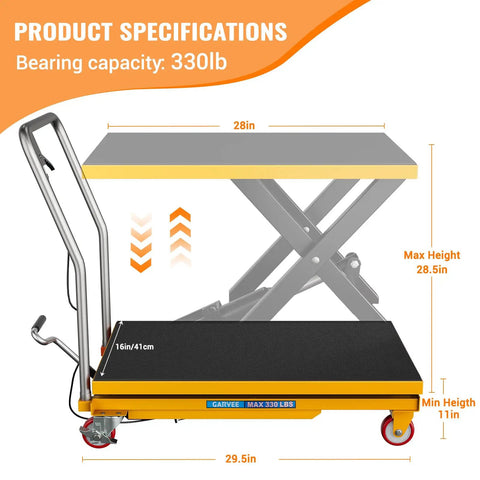 Heavy Duty Hydraulic Scissor Lift Table Cart 330 Lb with 28in top and 29.5in base for shop gear hauling.