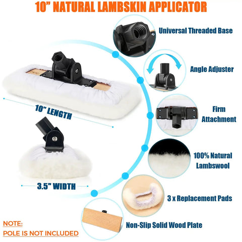 Diagram of 4 Pack Pro Grade 10 Inch Lambswool Applicator Kit With 180 Degree Adjustable Lambskin Deck Stain Applicator features