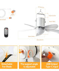 21 Inch Ceiling Fan With Light Go-To Outdoor Powerhouse With 21600mAh Rechargeable Battery USB C Fast Charge DC Brushless Quiet Motor Remote Control And Three Installation Modes For Gazebo Patio Camping Tent Garage RV Emergency Use showing dimensions, USB C input, detachable blades, and remote control
