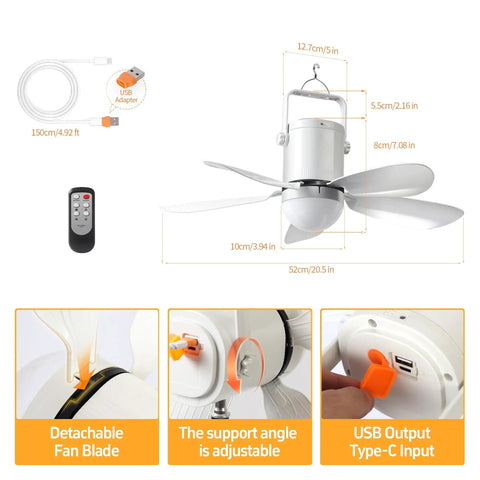 21 Inch Ceiling Fan With Light Go-To Outdoor Powerhouse With 21600mAh Rechargeable Battery USB C Fast Charge DC Brushless Quiet Motor Remote Control And Three Installation Modes For Gazebo Patio Camping Tent Garage RV Emergency Use showing dimensions, USB C input, detachable blades, and remote control