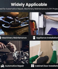 Four images illustrating machine maintenance, appliance installation, automotive repair, and cabinet door installation.