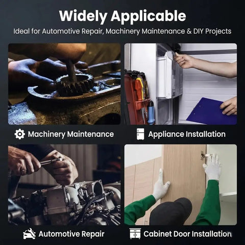 Four images illustrating machine maintenance, appliance installation, automotive repair, and cabinet door installation.