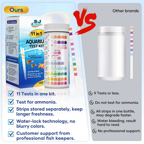 Skip The Guesswork And Ace Your Tank Health With Complete Aquarium Water Test Strips Kit Including Digital Thermometer For Fresh Or Saltwater Sets Smooth PH Chlorine Ammonia Hardness Results comparison between SJ Water 11-in-1 and other brands