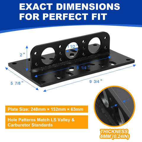Killer LS Engine Lift Plate Forged From 6mm Alloy Steel Includes Full Hardware Set For Drop Direct Into Custom Builds showing dimensions and hole patterns.