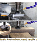 Close-up of CNC Spoilboard Surfacing Router Bit, Two And A Half Inch Diameter, Half Inch Shank, Four Wing Beefy Cutter for aluminum