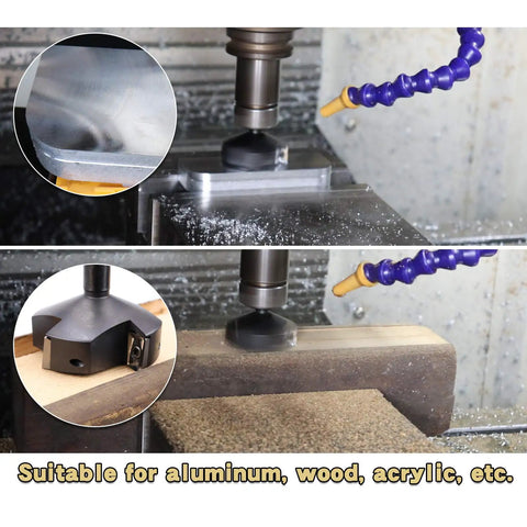 Close-up of CNC Spoilboard Surfacing Router Bit, Two And A Half Inch Diameter, Half Inch Shank, Four Wing Beefy Cutter for aluminum