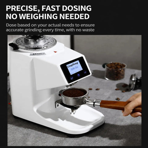 Top Shelf Digital Touch Screen Commercial Coffee Grinder Built With Food Grade Stainless Steel Flat Burrs For Smooth Batch Grinding, showing precise dosing and touch display.