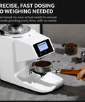 Heavy Duty Flat Burr Coffee Grinder With Precision Adjustable Settings Constructed From Food Grade Stainless Steel For Serious Home Brewers And Commercial Baristas Yielding Killer Extraction Daily with digital display and portafilter.