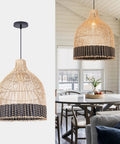Black Rattan Pendant Light for Kitchen Island and Living Room, Handmade Woven Lampshade Ceiling Fixture in dining room setting