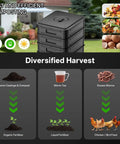3 Layer Worm Composter With 50L Capacity, Indoor And Outdoor Worm Bin for Vermicomposting, Black plastic bin in garden setting.