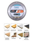 Image of 12 Inch Miter Saw Blade 80T Fine Finish With 1 Inch Arbor Tungsten Carbide Teeth For Silky Smooth Wood Cuts 2 Pack Great For Miter Saw Jobs And Long Lasting Wear, showing blade and material compatibility.