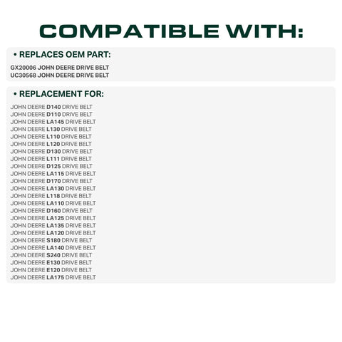 Compatibility list for Heavy Duty Aramid Cord Drive Belt Replacement GX20006 UC30568 for multiple John Deere models