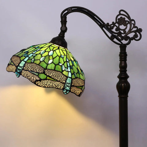 Stained Glass Tiffany Floor Lamp With Arched Gooseneck Adjustable Angle Reading Light In Green Dragonfly Glass Bronze Base 12 Inch Shade