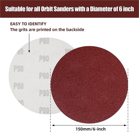 Get Your Project Done With A Killer 10-Pack Of 6-Inch Sanding Discs featuring visible P80 grit marking on one disc.
