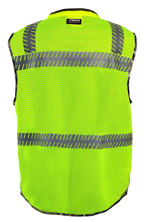 Kickass Class Two Surveyors Safety Vest Featuring Sleek Camo Lower Panel And Striking Reflective Taping Built From Zero Sweat Polyester Mesh For Daily Crew Grind Or Weekend Wild Hunt Ready Setup In Large, back view.