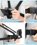 Man adjusting Grab-and-Go Chest Strap Mount And Head Strap POV Kit For Vlog And Action Cameras with phone clip, close-up details.
