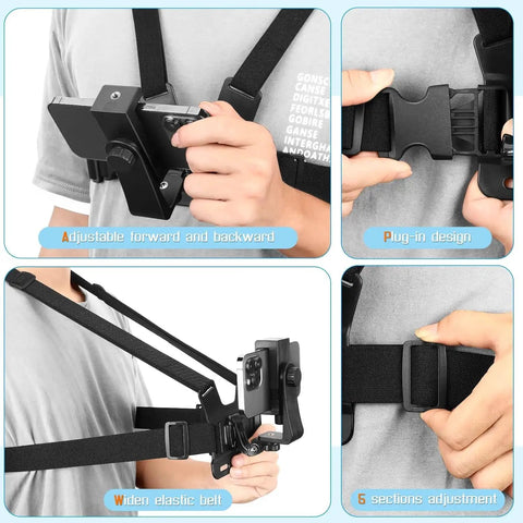 Man adjusting Grab-and-Go Chest Strap Mount And Head Strap POV Kit For Vlog And Action Cameras with phone clip, close-up details.