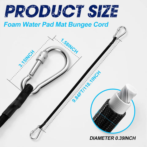 Heavy Duty 118 Inch Lily Pad Bungee Cord With Floating Locking Carabiners showcasing dimensions and material