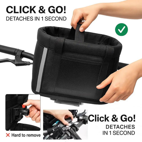 Front Dog Bike Basket For Small Pups Up To 11 Lbs Folding Pet Carrier With Quick Release Mount shown detaching from bike handlebars