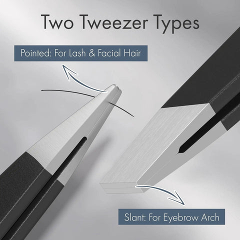 Two Pack Eyebrow Tweezers Set Dope Slant And Point Tip Stainless Steel shown in detail with slant and point tips.