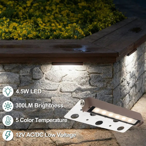 7 Inch LED Retaining Wall Light 4 Pack Linkable, Low Voltage 12V ACDC Outdoor Step Lighting illuminating a stone wall
