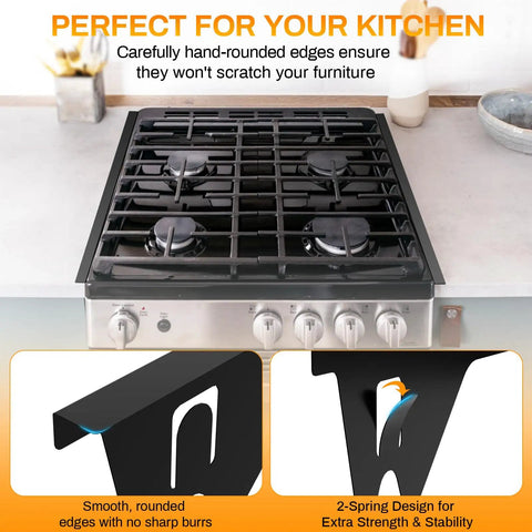 Stove Gap Covers 25.6 Inch Long And 0.4 Inch Wide Aluminum Gap Guards For Counter Sides shown alongside a stove with close-up on rounded edges.